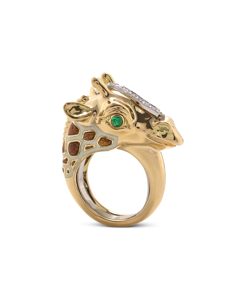 David Webb David Webb Platinum & 18K Yellow Gold Emerald, Diamond, and Brown & White Enamel Giraffe Ring