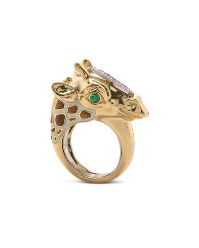 David Webb David Webb Platinum & 18K Yellow Gold Emerald, Diamond, and Brown & White Enamel Giraffe Ring