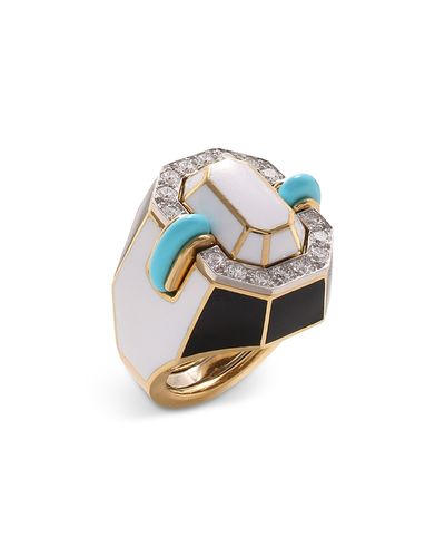 David Webb David Webb Platinum & 18K Yellow Gold Manhattan Minimalism Diamond, Turquoise, & Enamel Statement Ring