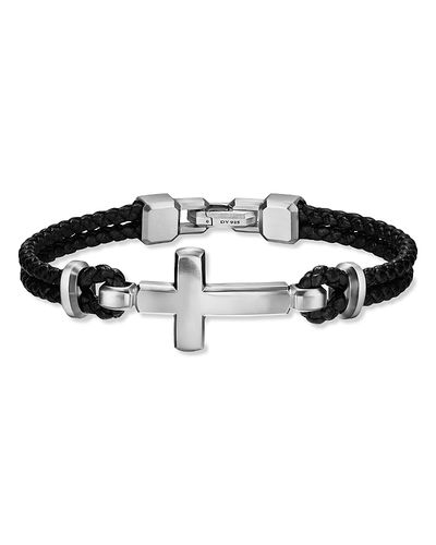 David Yurman David Yurman Streamline Cross Station Bracelet in Black Leather with Sterling Silver, 17mm