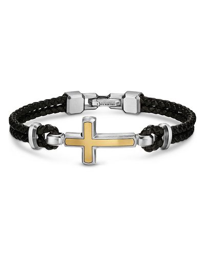 David Yurman David Yurman Streamline Cross Station Bracelet in Black Leather with Sterling Silver and 14K Yellow Gold, 17mm