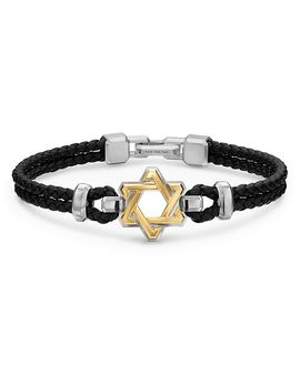 David Yurman David Yurman Streamline Star of David Bracelet in Black Leather with Sterling Silver and 14K Yellow Gold, 18mm