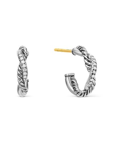 David Yurman Women's Petite Infinity Huggie Hoop Earrings in Sterling Silver with Diamonds, 3MM