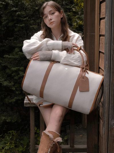 Dberno Canvas Vegan Leather Full-Open Boston Bag [Brown]