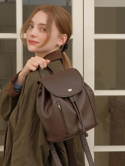 Dberno Vegan Leather Zipper Drawstring Backpack [Brown]