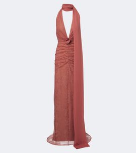 De La Vali De La Vali Amora ruched scarf-detail lace maxi dress