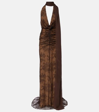 De La Vali De La Vali Amora scarf-detail ruched lace maxi dress