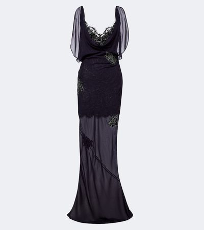 De La Vali De La Vali Emerald lace-trimmed georgette gown