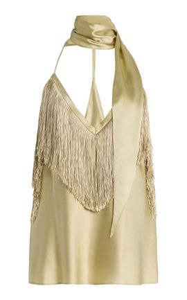 De La Vali De La Vali Exclusive Sirocco ScarfNeck Fringed SilkBlend Satin Top Ivory UK 12