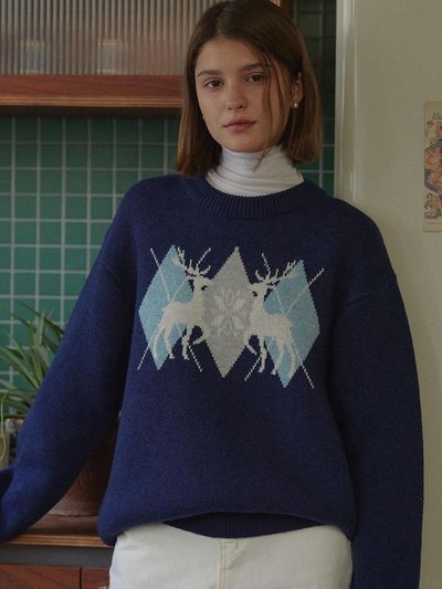 DEAR MY DEER Deer Argyle Pattern Jacquard Knit Sweater [Navy]
