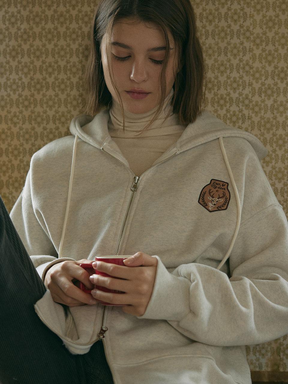 DEAR MY DEER Fleece-lined Two-way Cotton Zip-up [Light Brown]