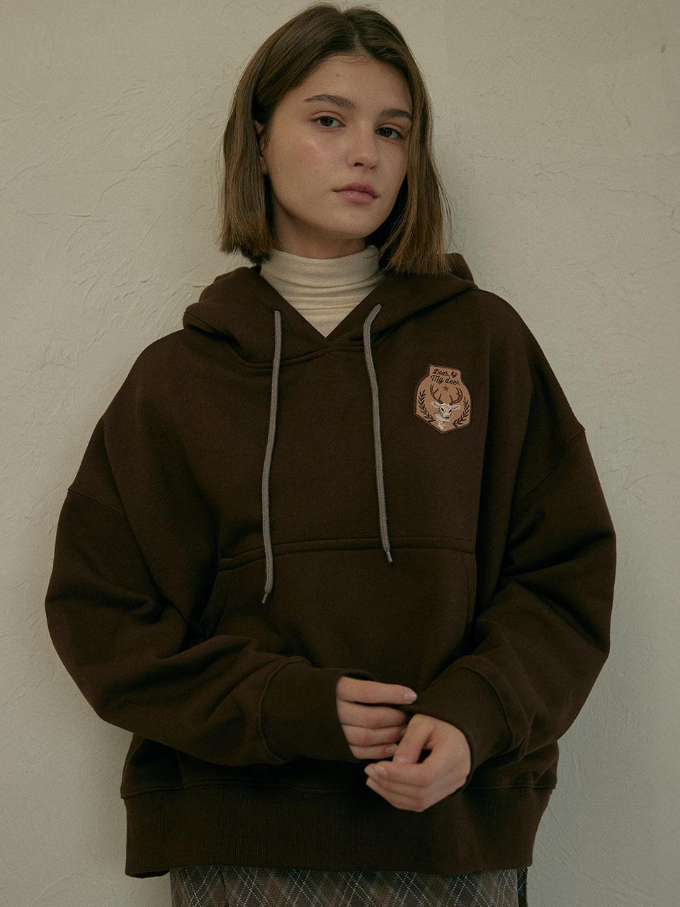 DEAR MY DEER Oversized Cropped Cotton Hoodie [Brown]