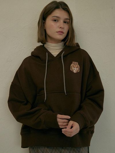 DEAR MY DEER Oversized Cropped Cotton Hoodie [Brown]