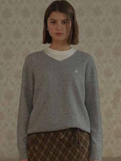 DEAR MY DEER Pure Wool Loose Fit V-neck Knit [Grey]