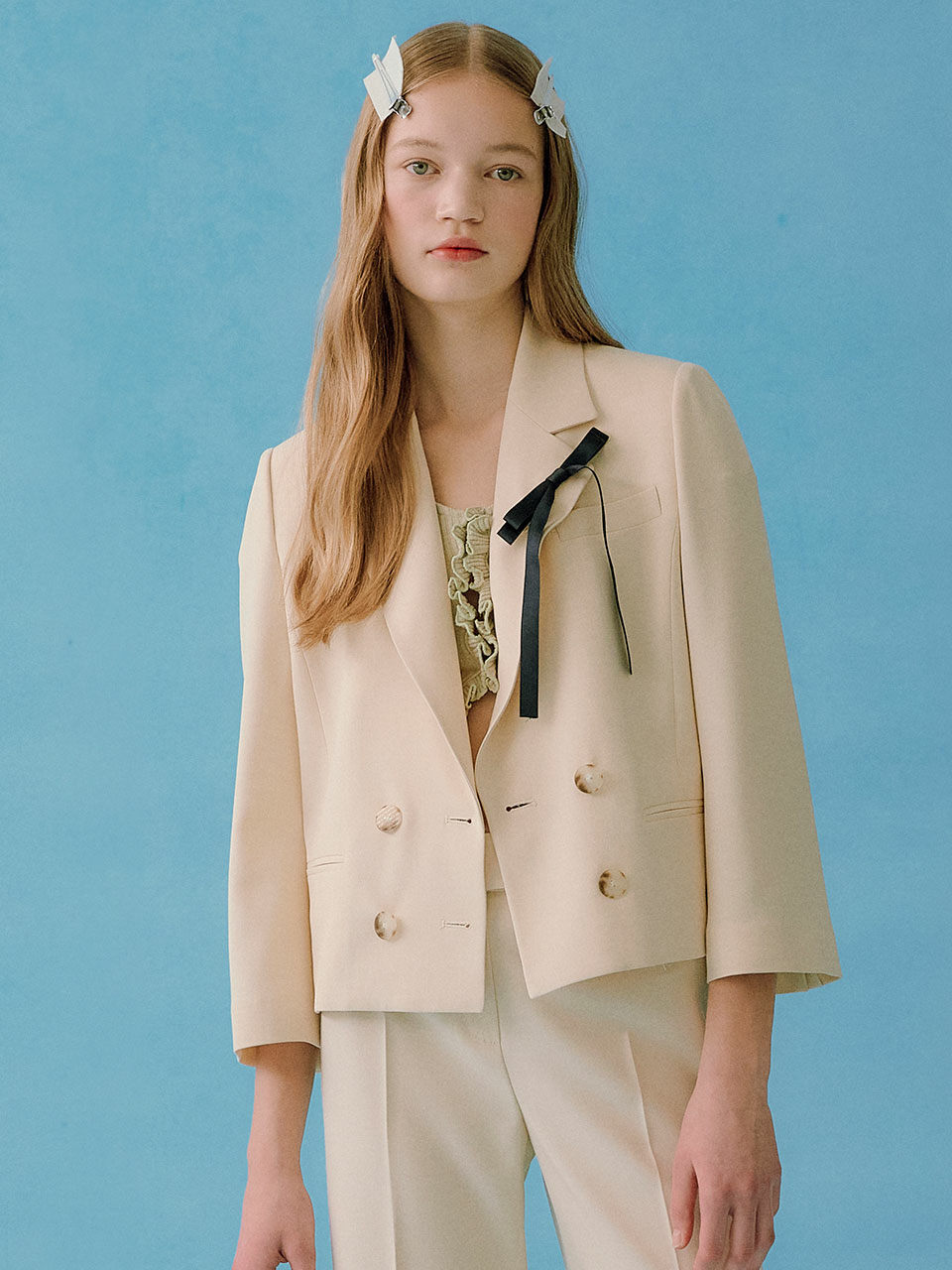 DearK Double Button Notched Collar Cropped Jacket