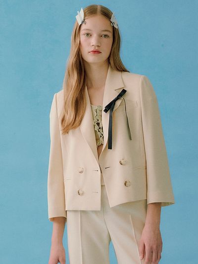 DearK Double Button Notched Collar Cropped Jacket