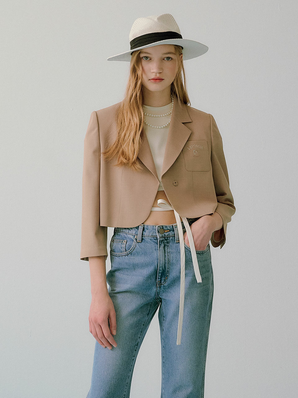 DearK Pocket Lettering Round Crop Jacket