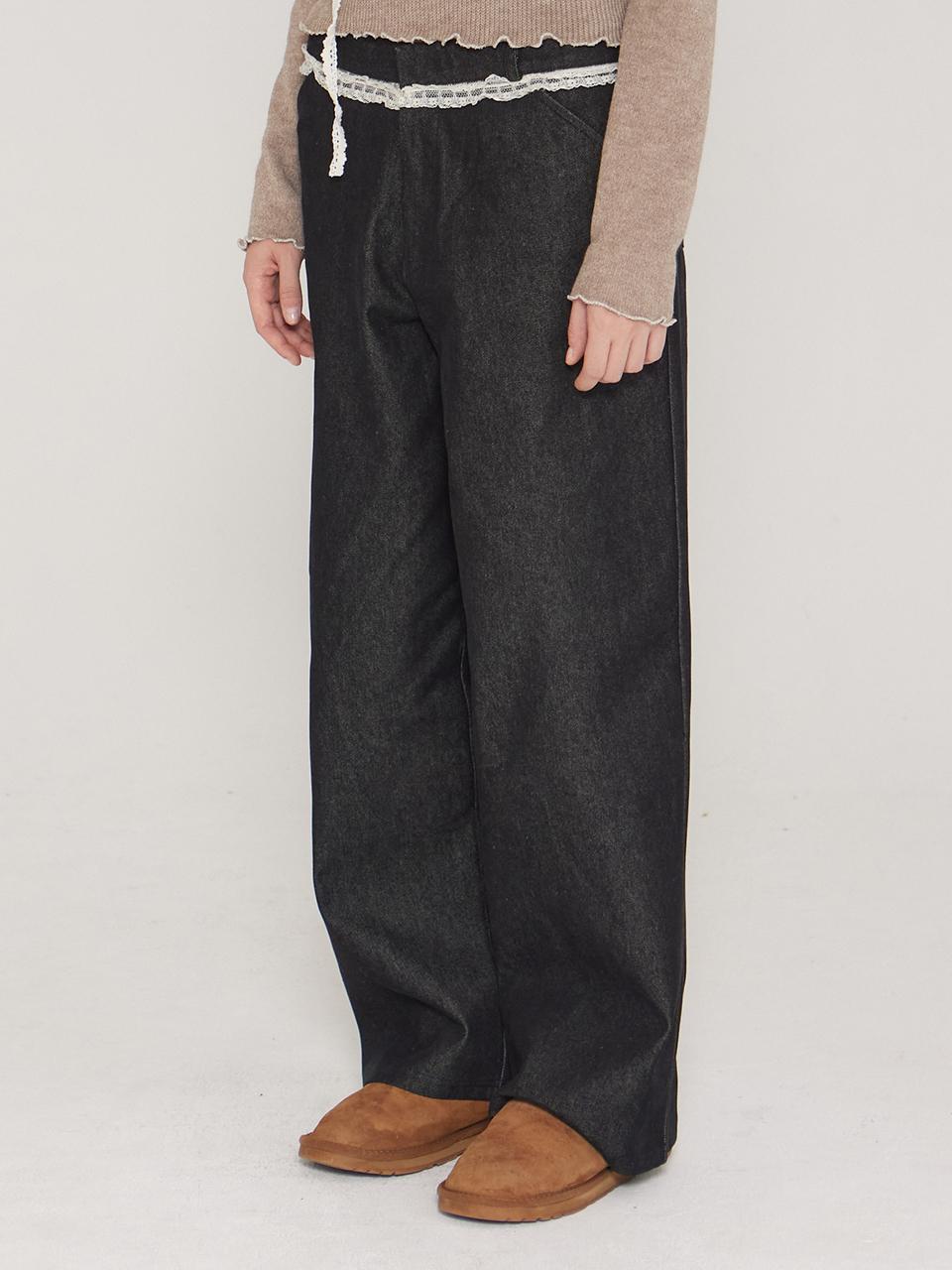 DEARSTALKER Lace Detailed Wide Low Rise Denim Pants [Black]