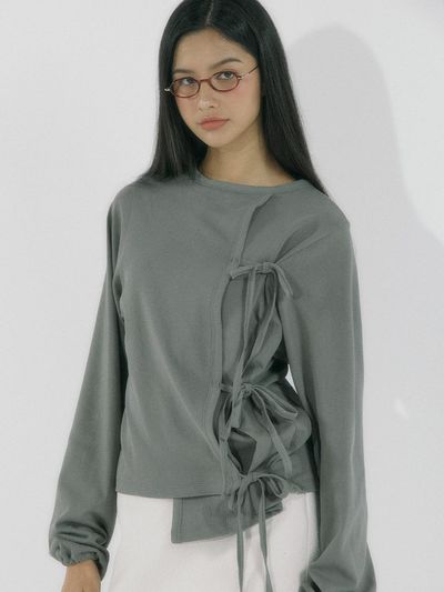 DEARSTALKER VIOLA RIBBON WRAP T-SHIRT - KHAKI GREY