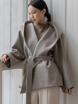 DEFEMME CASHMERE HOODED SHORT COAT (BEIGE)