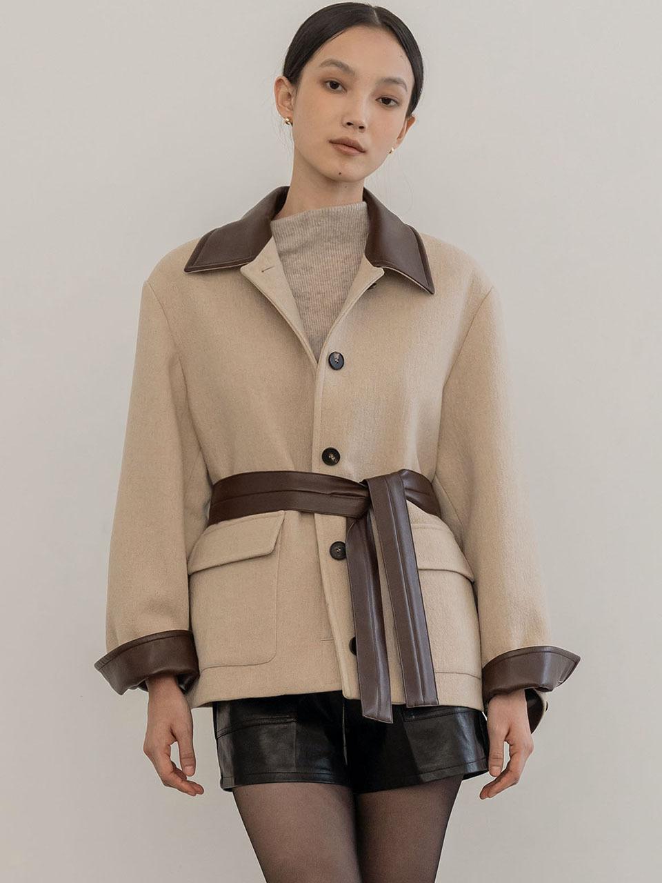 DEFEMME LEATHER COLLAR WOOL HALF-LENGTH COAT