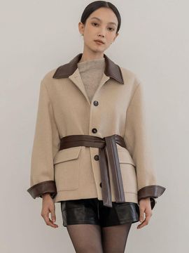 DEFEMME LEATHER COLLAR WOOL HALF-LENGTH COAT