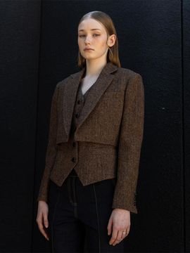 DEFEMME WOOL HERRINGBONE TAILORED CROP JACKET
