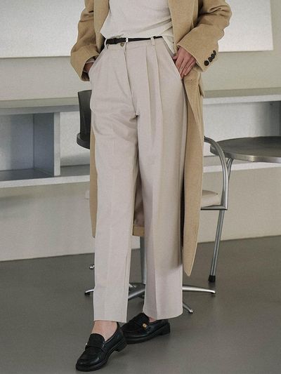 DEHEVE Basic Two Tuck Polyester Blend Slacks [beige]