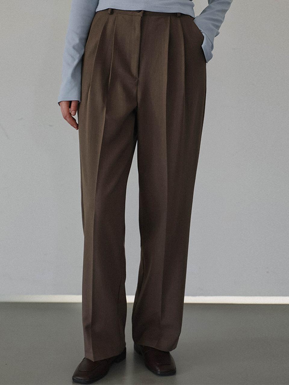DEHEVE Basic Two Tuck Polyester Blend Slacks [BROWN]