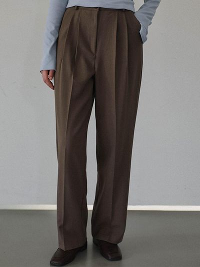 DEHEVE Basic Two Tuck Polyester Blend Slacks [BROWN]