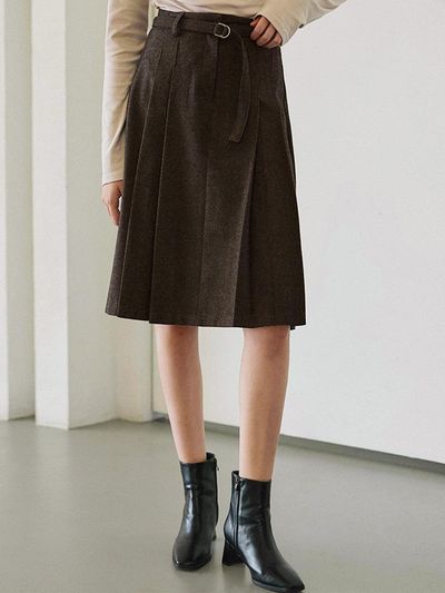 DEHEVE Belt Pleated Wool Blend Midi Skirt [BROWN]