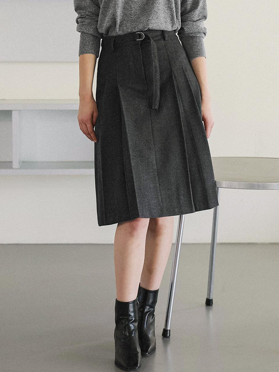 DEHEVE Belt Pleats Wool-blend Midi Skirt [Charcoal]