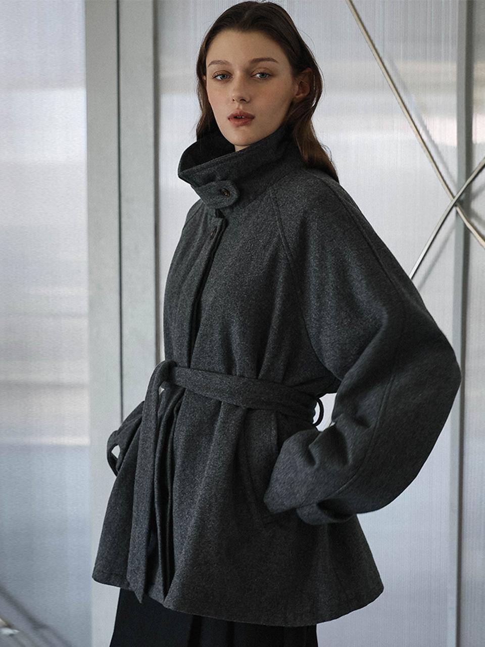 DEHEVE Belted High-Neck Wool-Blend Half Coat [Charcoal]