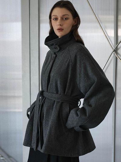 DEHEVE Belted High-Neck Wool-Blend Half Coat [Charcoal]