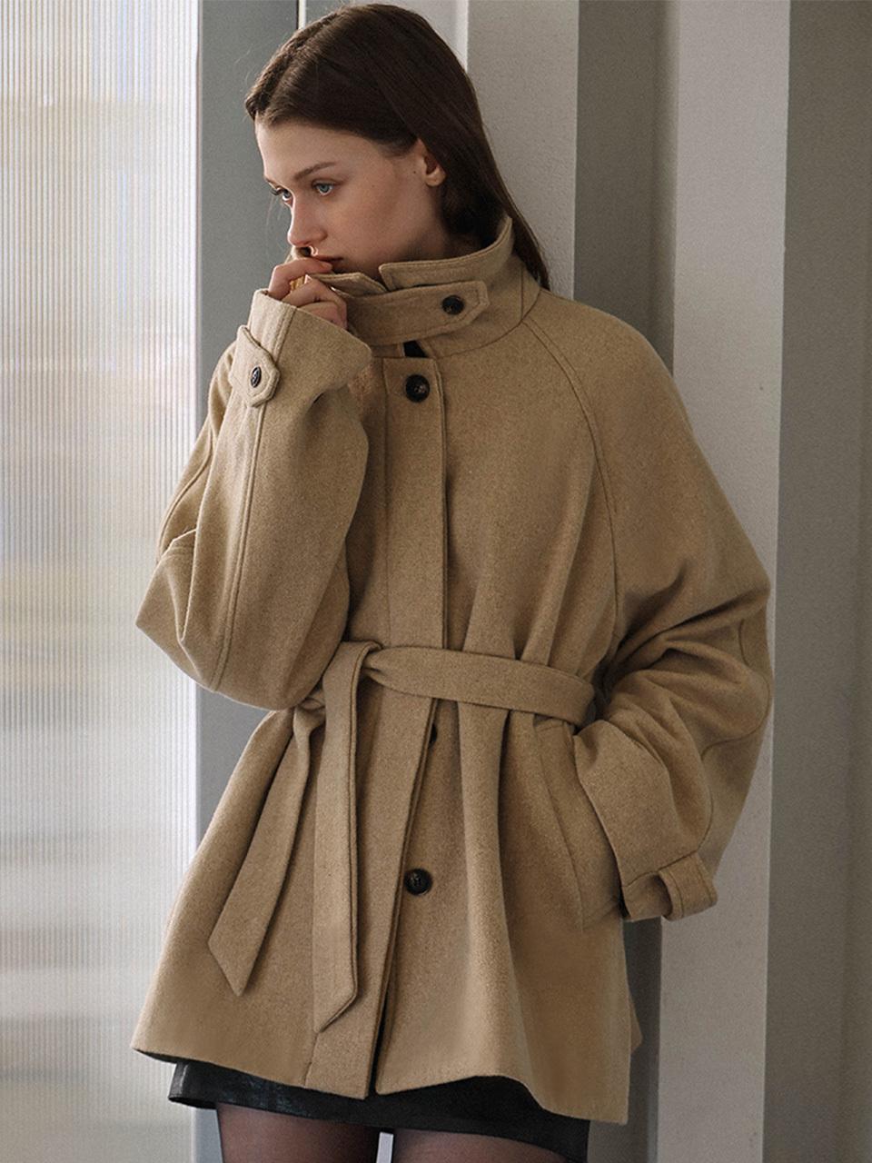 DEHEVE Belted High-Neck Wool Blend Half Coat [Camel]