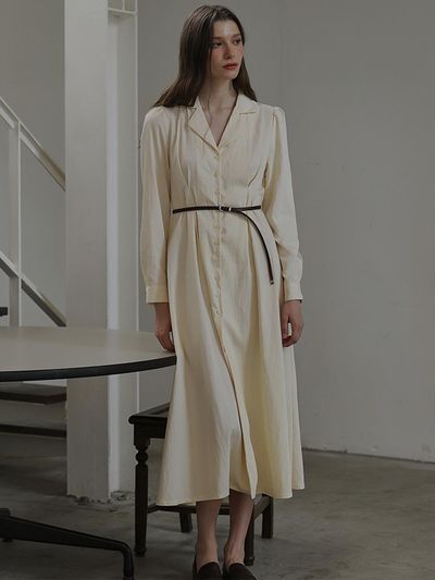 DEHEVE Classic Open Collar Long Flowing Dress