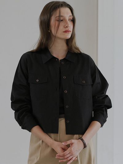 DEHEVE Cotton Classic Collar Pocket Shirt [Black]