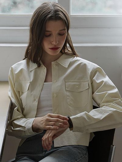 DEHEVE Cotton Collar Pocket Minimalist Shirt [Beige]