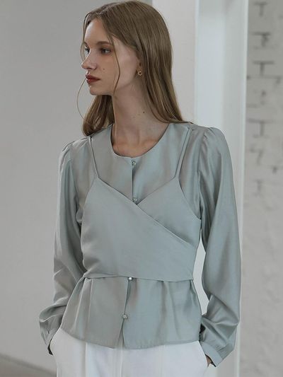 DEHEVE Day Layered Wrap Blouse [GREEN]