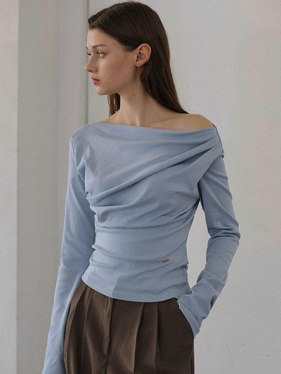 DEHEVE Off-shoulder Cotton-Spandex Sleeve Blouse [Sky Blue]