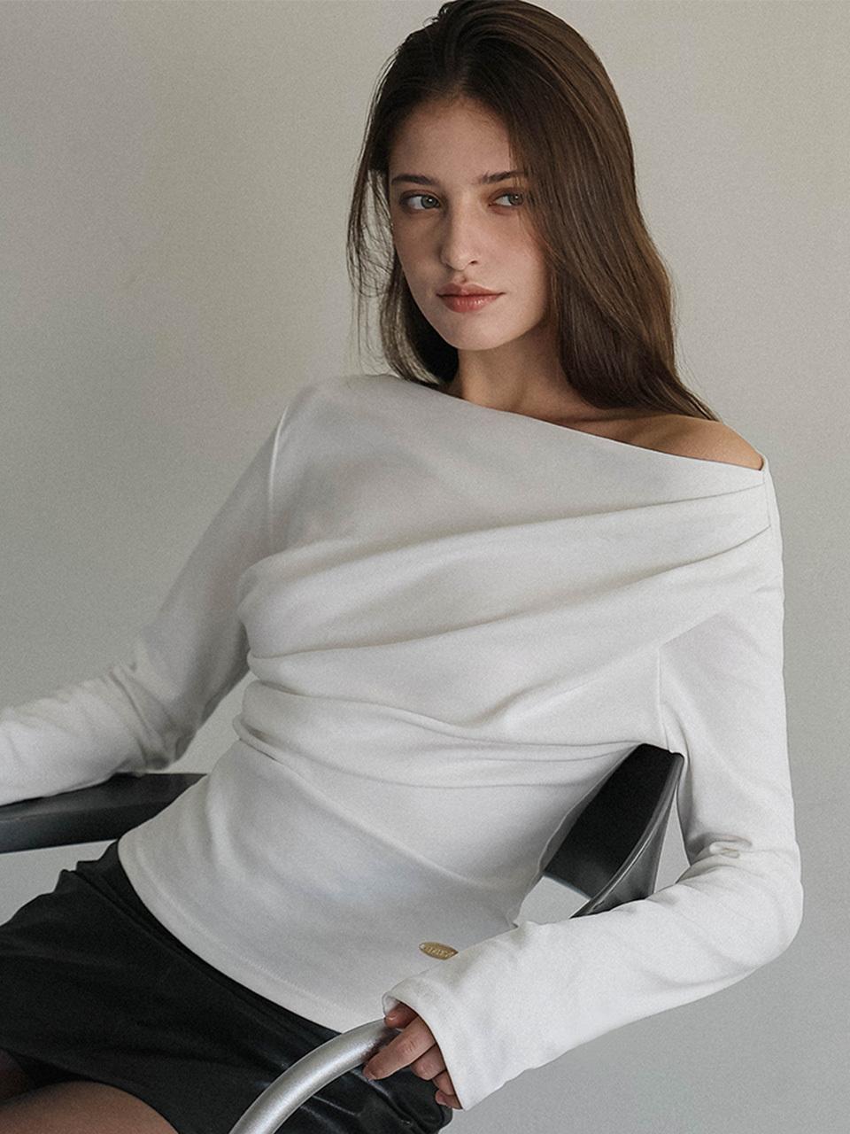 DEHEVE Off-shoulder Cotton Blend Sleeve Top [Beige]