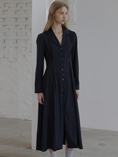 DEHEVE Open Collar Classic Long dress [Navy]