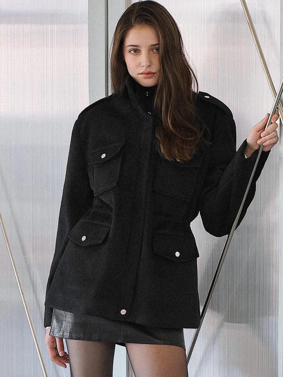DEHEVE Pocket Half Wool Free Size Jacket [Black]