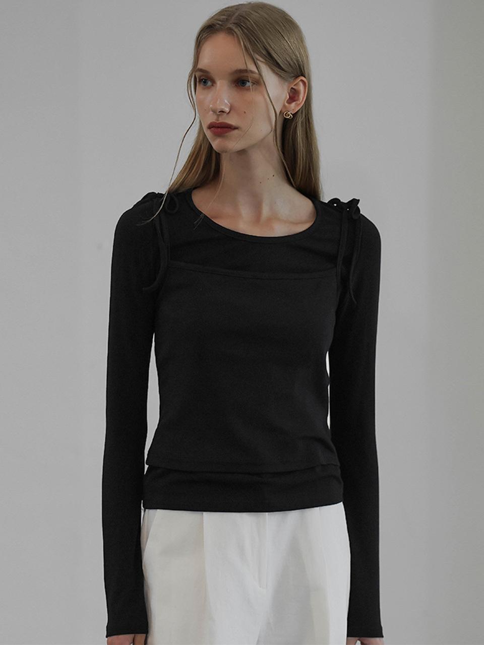 DEHEVE Ribbon Sleeveless Cotton Blend T-shirt [Black]