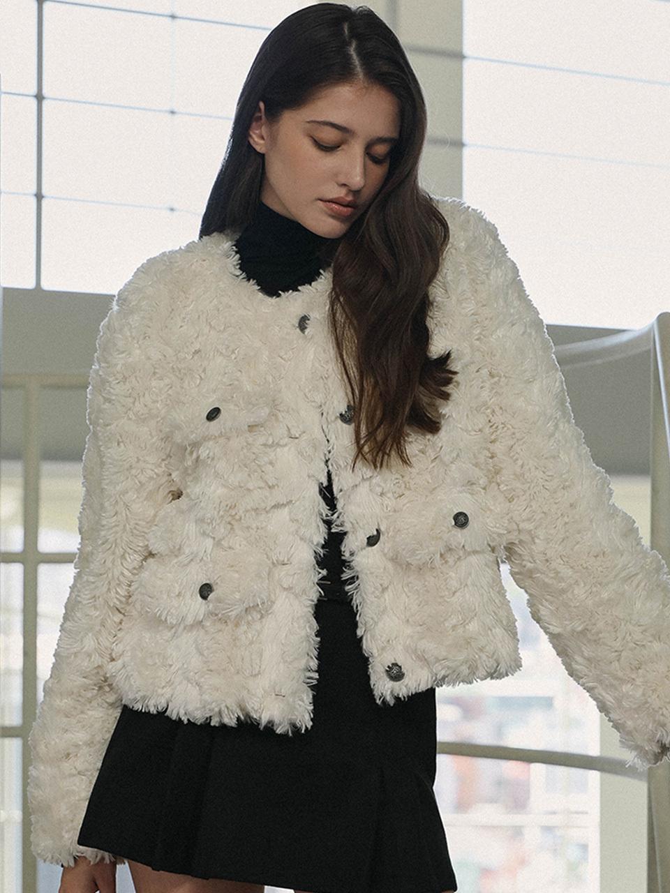 DEHEVE Round Fur Tweed Jacket [beige]