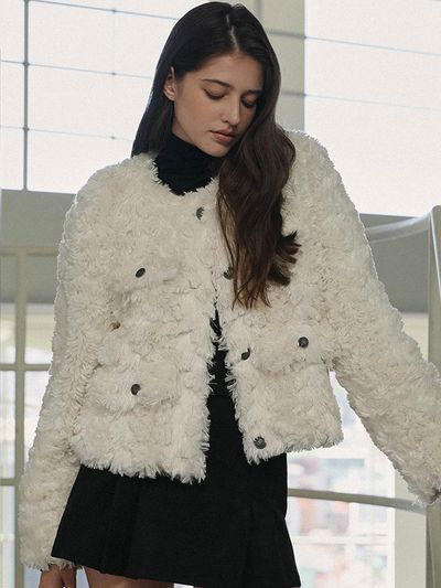 DEHEVE Round Fur Tweed Jacket [beige]