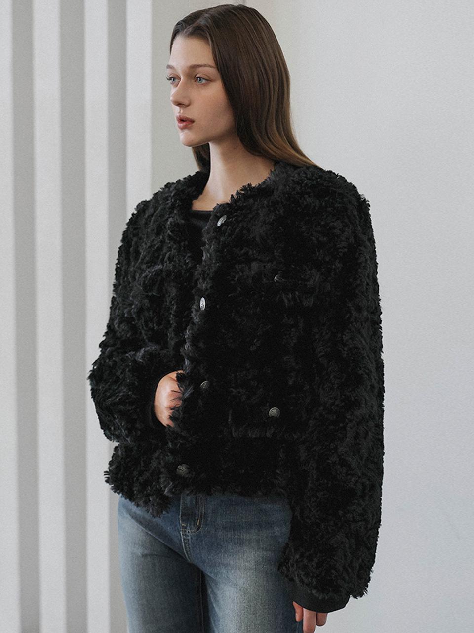 DEHEVE Round Fur Tweed Jacket [Black]