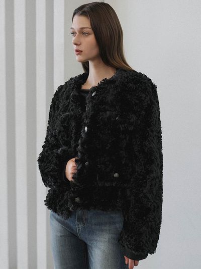 DEHEVE Round Fur Tweed Jacket [Black]