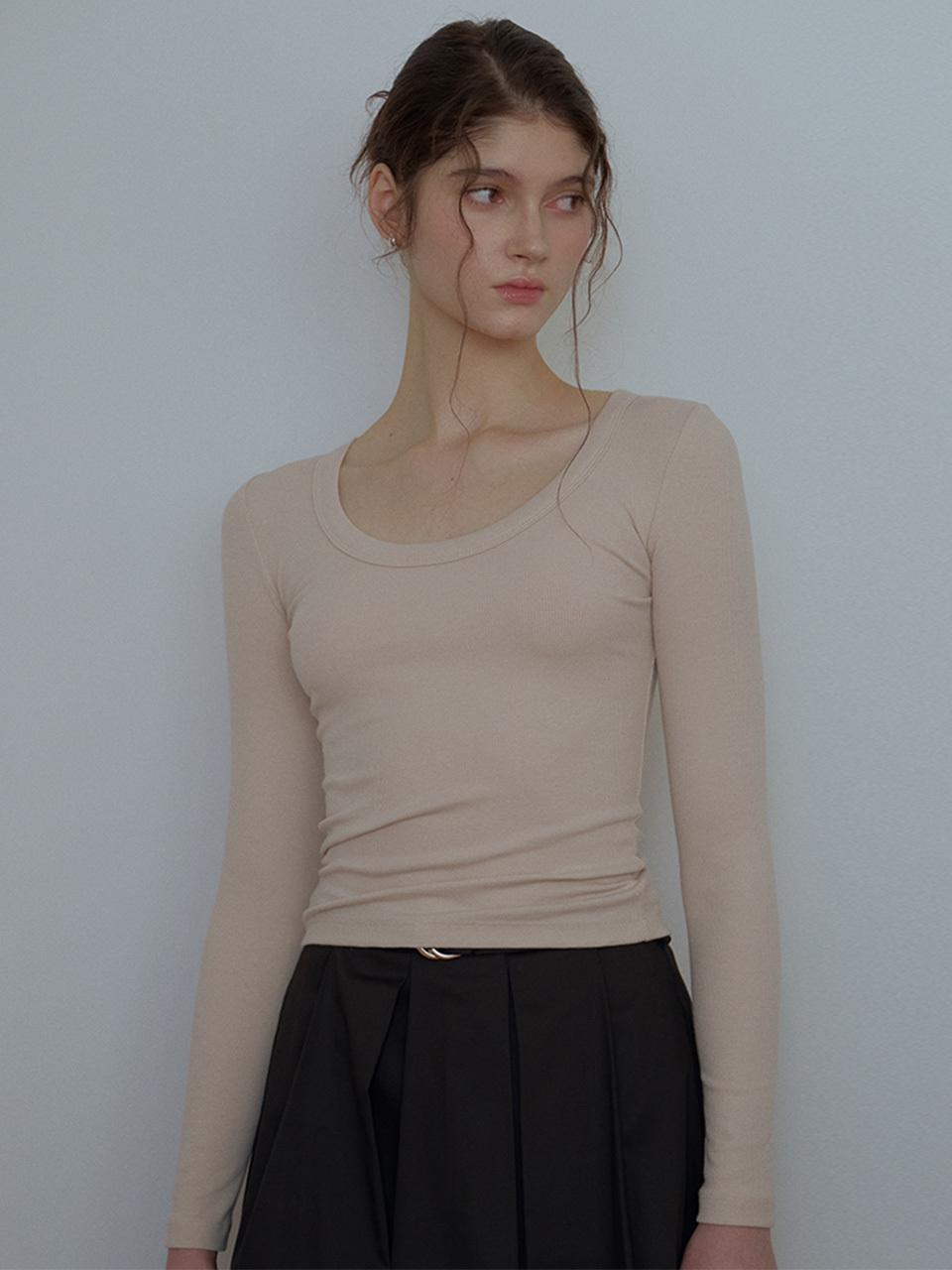 DEHEVE Scoop Neck Rayon Blend Long Sleeve T-Shirt [Beige]