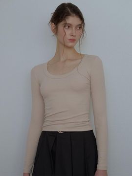DEHEVE Scoop Neck Rayon Blend Long Sleeve T-Shirt [Beige]